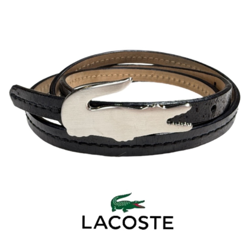 LACOSTE | Vintage Black Leather Skinny Belt Silver Tone Alligator Buckle Classic